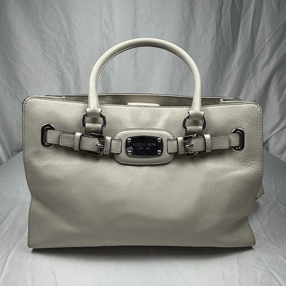 Michael Kors Hamilton Large Pebbled Leather Satchel Tote Bag Ivory Cream